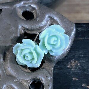 Handcrafted Light Mint Blue Green Rose Flower 11mm Lucite Acrylic Stud Earrings